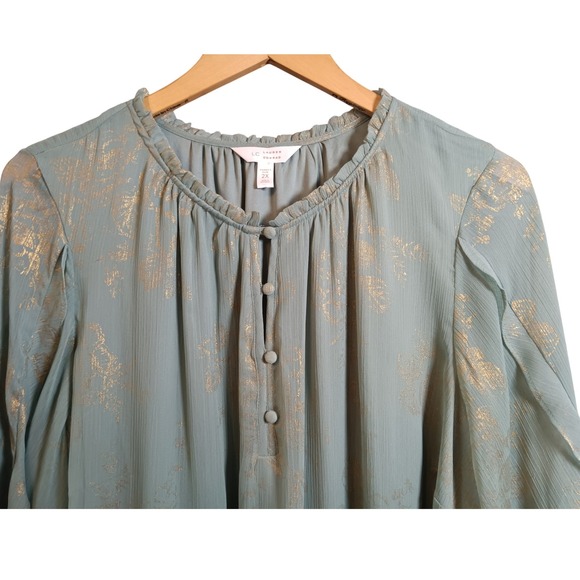Lauren Conrad Plus 2X Sage Green Gold Floral Print Ruffle Neck Blouse Top - Picture 2 of 9